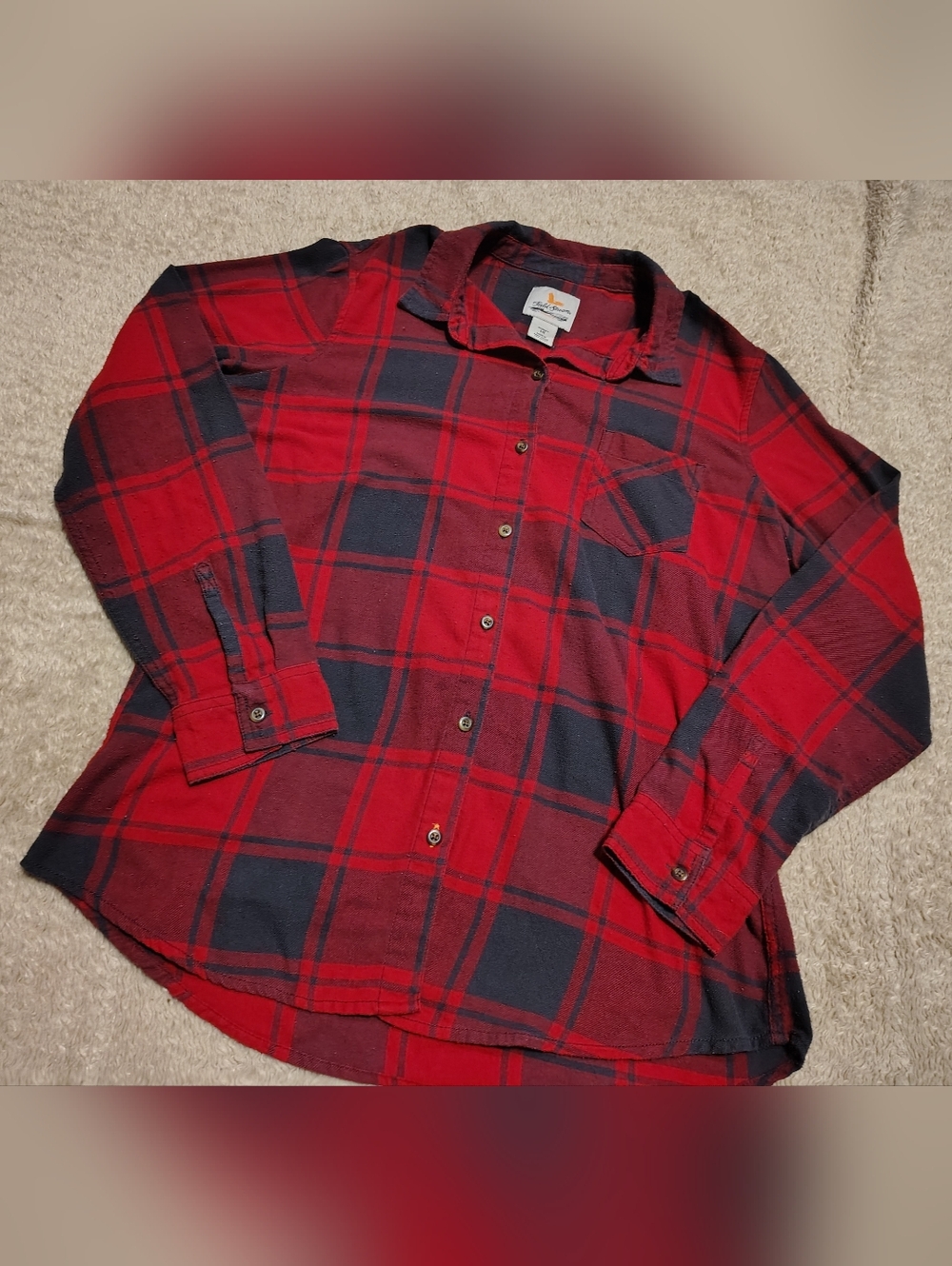 Field And Stream Women's Flannel Red Black Plaid Button Up Long Sleeve Shirt Lrg